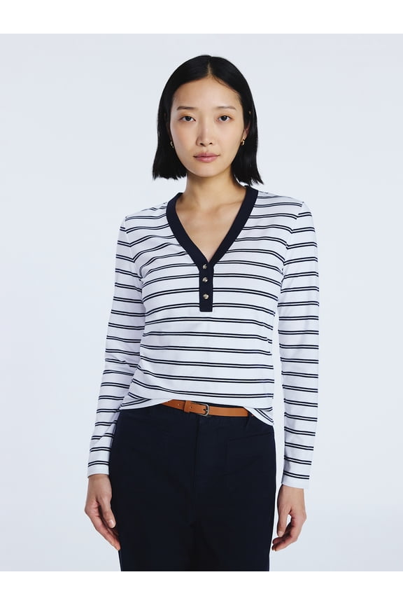 Women's V-Neck Henley with Long Sleeves, Sizes XS-XXL