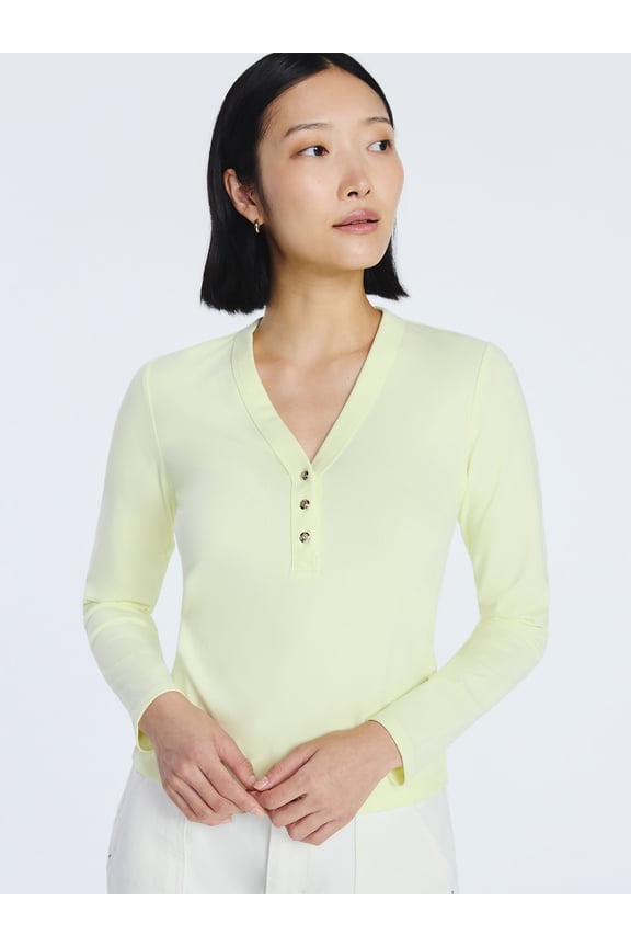 Women's V-Neck Henley with Long Sleeves, Sizes XS-XXL