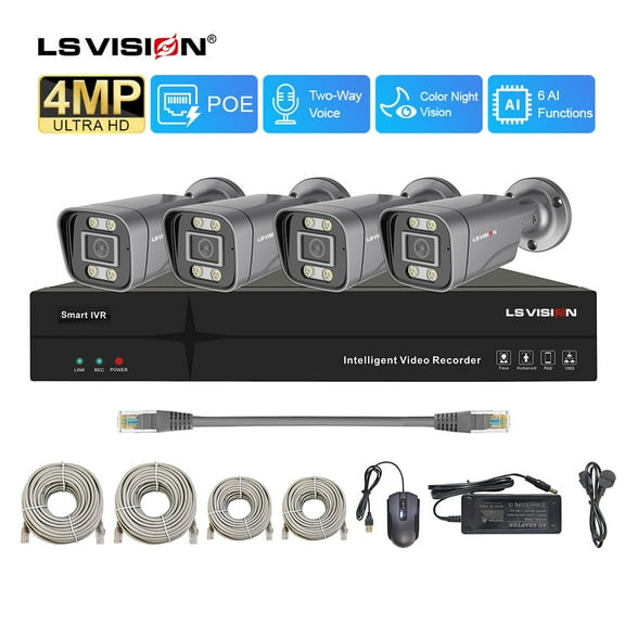 LS VISION 4MP 2K NVR POE Outdoor Security Camera System with 1TB HDD, Motion Detection Spotlight Full Color Night Vision