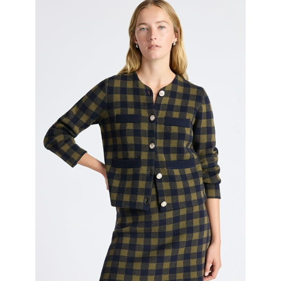 Free Assembly Women's Plaid Cardigan Sweater with Double Welt Pockets, Midweight, Sizes XS-XXL