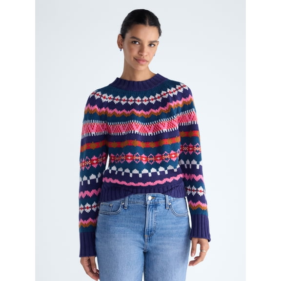 Free Assembly Women's and Women's Plus Yoke Stitch Sweater with Long Sleeves, Midweight, XS-4X