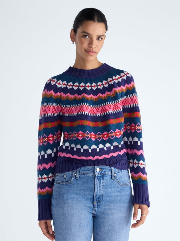 Women's and Women's Plus Yoke Stitch Sweater with Long Sleeves, Midweight, XS-4X