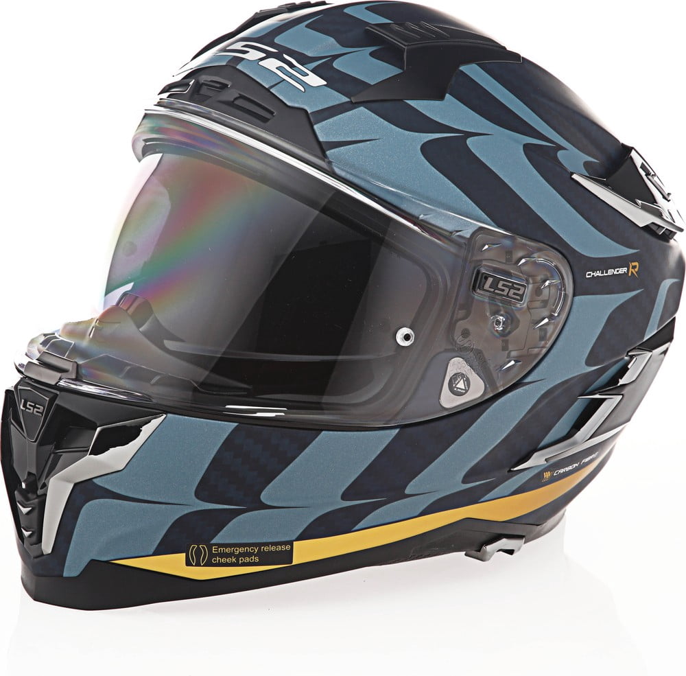 LS2 Challenger C Llamas Azul Carbono Oro Casco Dominican Republic