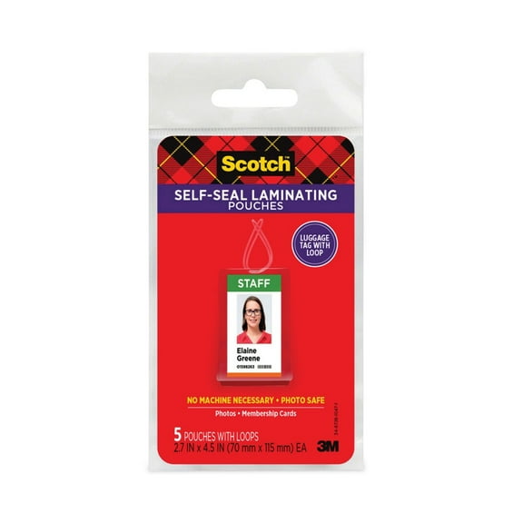 Scotch LS853-5G 2.81 in. x 4.5 in. 12.5 mil. Self-Seal Laminating Pouches - Gloss Clear (5/Pack)