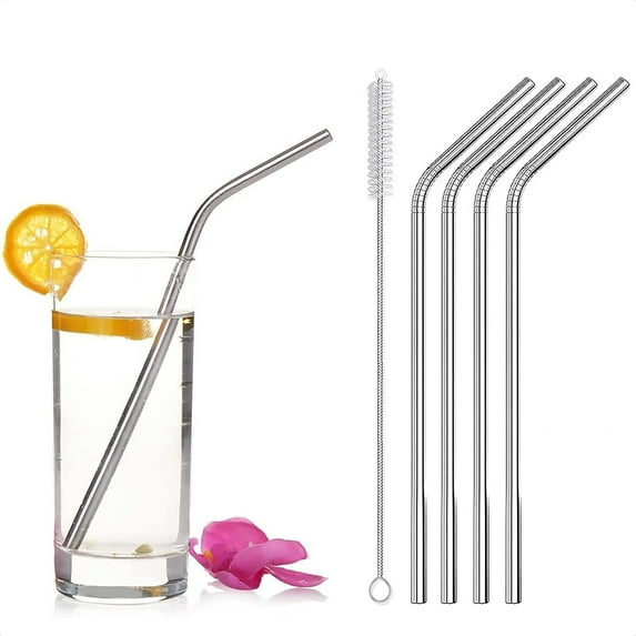 LSC Reusable Metal Straws Drinking Stainless Steel Straw with Cleaner Brush Non Plastic BPA Free for All Beverages Cocktail Milkshake Smoothie Coffee Bendy Straws 4 Pcs Silver