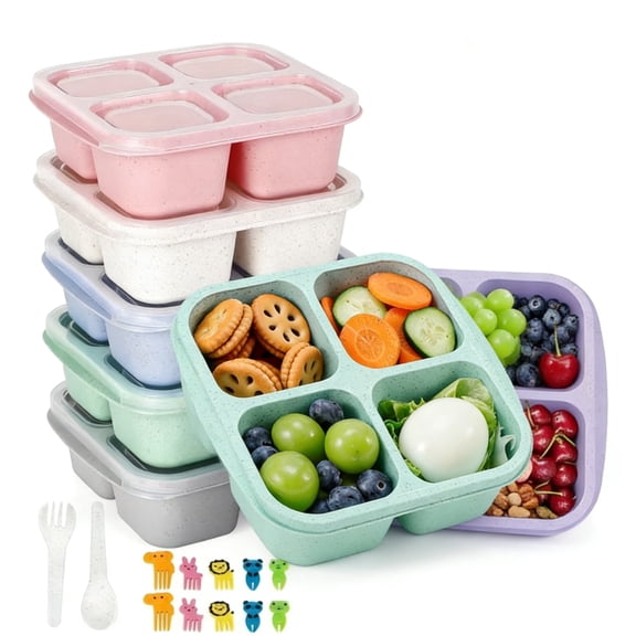LSFA Eco-Friendly Wheat Straw Leakproof Bento Lunch Box Containers | 6-Pack, 4-Compartment Meal Prep Set with Utensil & Food Picks