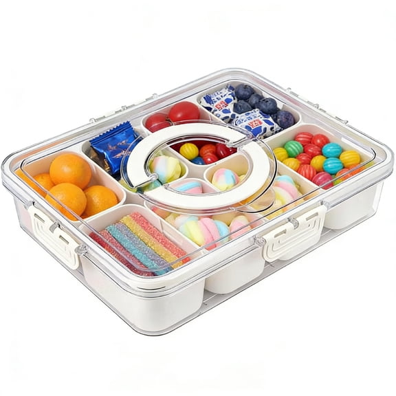 LSFA Portable 8-Compartment Clear Divided Serving Tray | Snack Platter Organizer with Lid & Handle | Deli Container for Party & Fridge