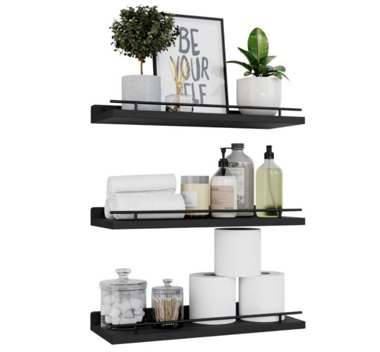 LSFA Set of 3 Floating Wall Shelves with Safety Black Metal Guardrail, Rustic Wood Wall Mounted Storage for Bathroom, Kitchen, Bedroom Decor