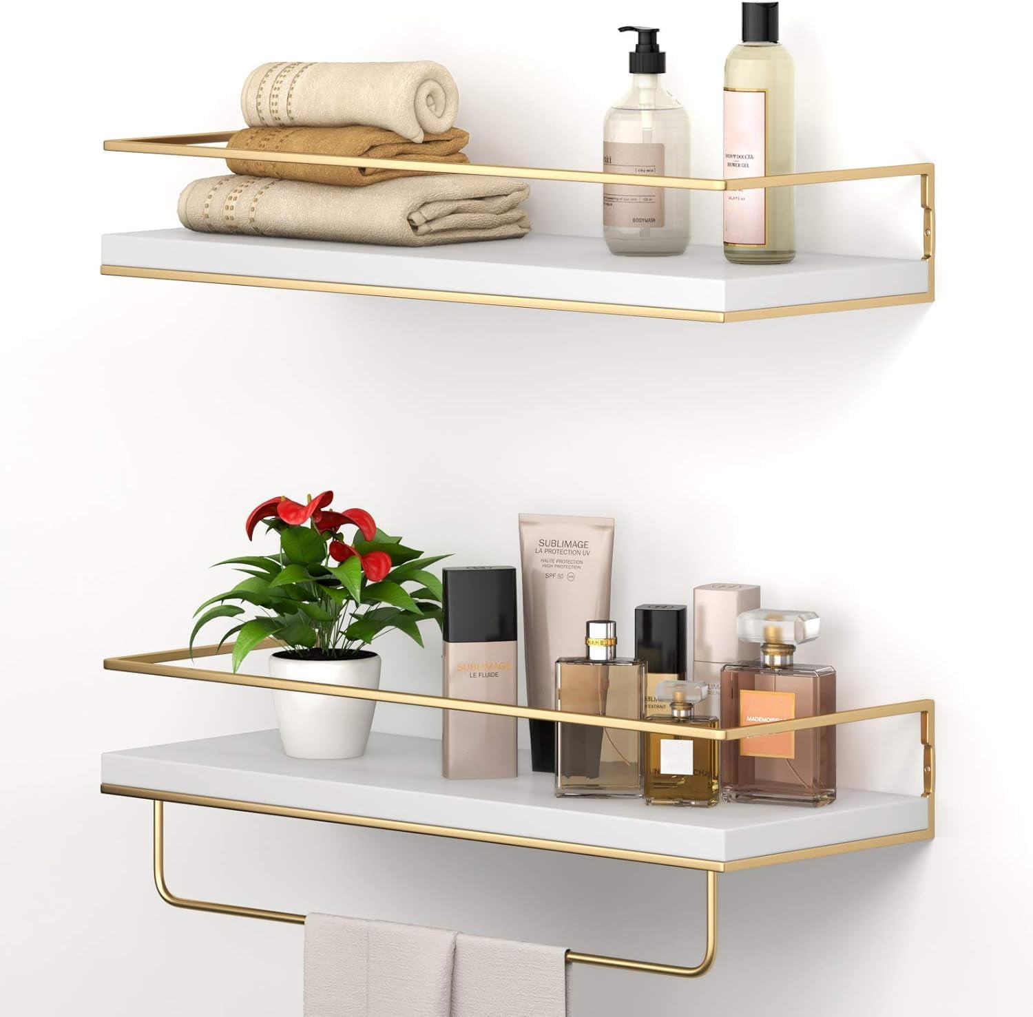 LSFA White Gold Floating Storage Shelves Set of 2 with Towel Rack 15.7 Inch Decorative Wall Shelf