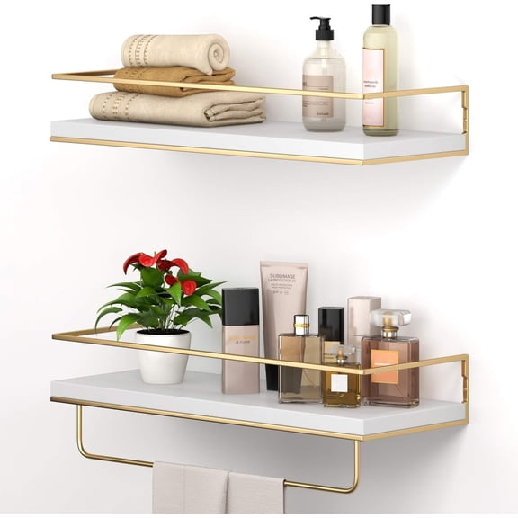 LSFA White Gold Floating Storage Shelves Set of 2 with Towel Rack 15.7 Inch Decorative Wall Shelf