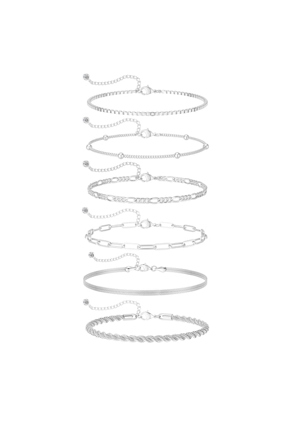 Womens 6-Piece Sterling Silver Plated Bracelet Set, Adjustable Layered Chain Styles Including Paperclip, Snake, Rope, Box, Figaro & Satellite, Hypoallergenic Jewelry
