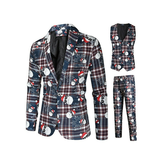 LSFYSZD 3Pcs Men Christmas Suit, Santa Thief Print Plaid Suit Jacket ...