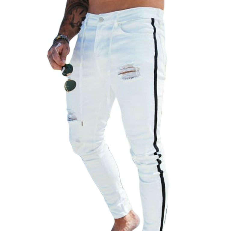 Distressed jeans with side stripe on sale