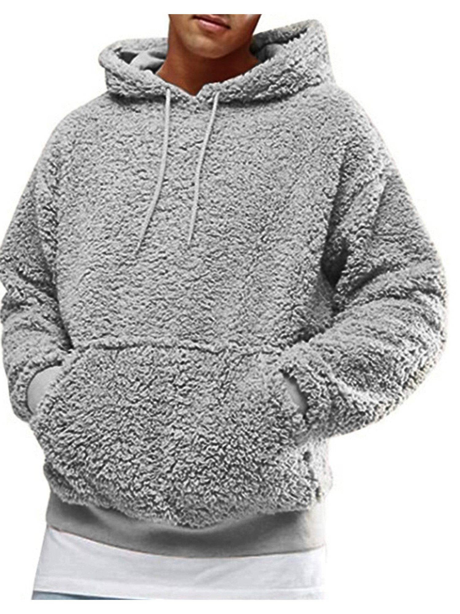 LSFYSZD Men s Fluffy Hooded Jumper Teddy Fleece Hoodie Plush Lightweight Pullover Viscose Sweater Sweatshirt with Two Pockets Black Small