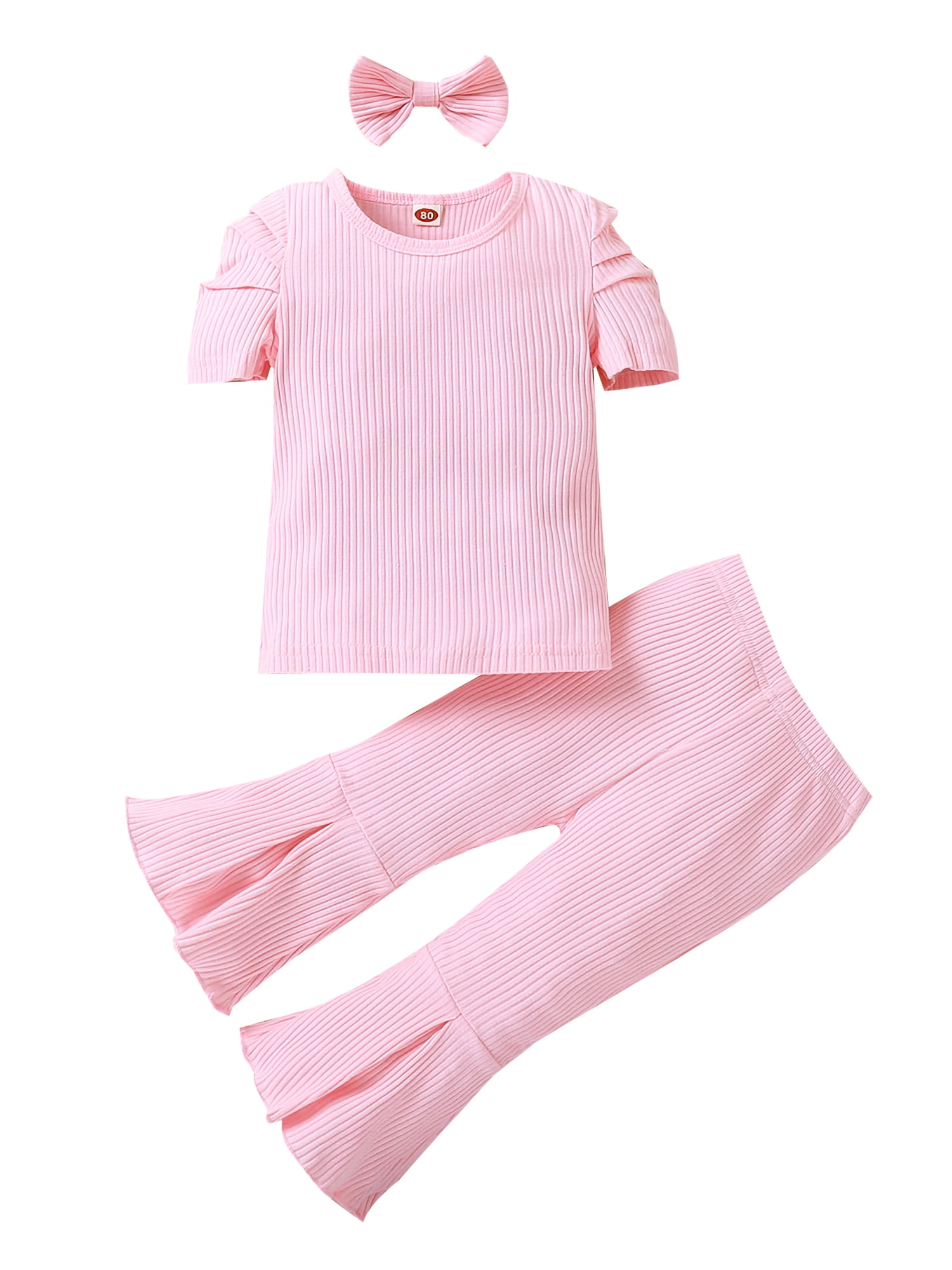 2pcs Kid Girl Ribbed Tie Knot Long-sleeve Tee and Floral Print Flared Pants Set