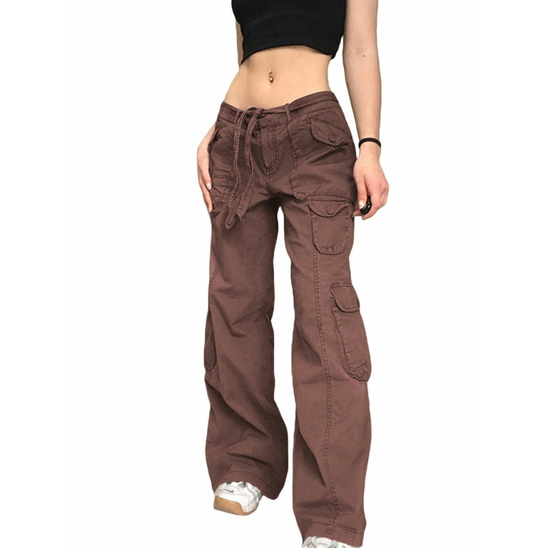 LSFYSZD Women Autumn Cargo Pants Solid Color Low Waist Loose Fit Casual Trousers with Multi Pockets for Girls Gray