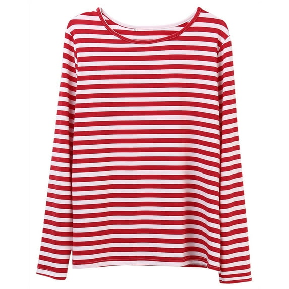 LSFYSZD Women Red White Striped Casual Tops Long Sleeve Round Neck Loose Shirt