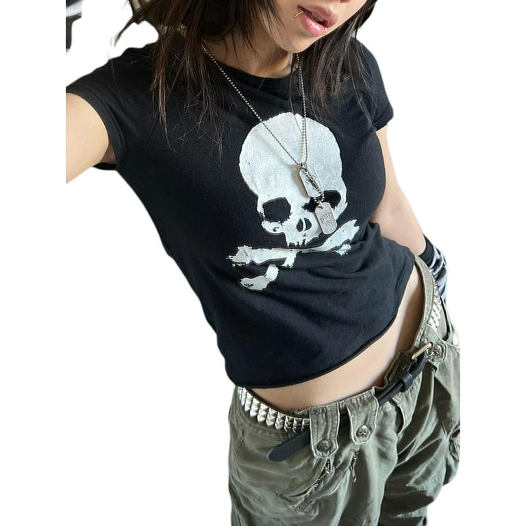 LSFYSZD Women Short Sleeve Round Neck Skull Print T-Shirts Casual Tops Punk  Graphic Summer Tee T-Shirts E-Girls Teen Clothes Streetwear