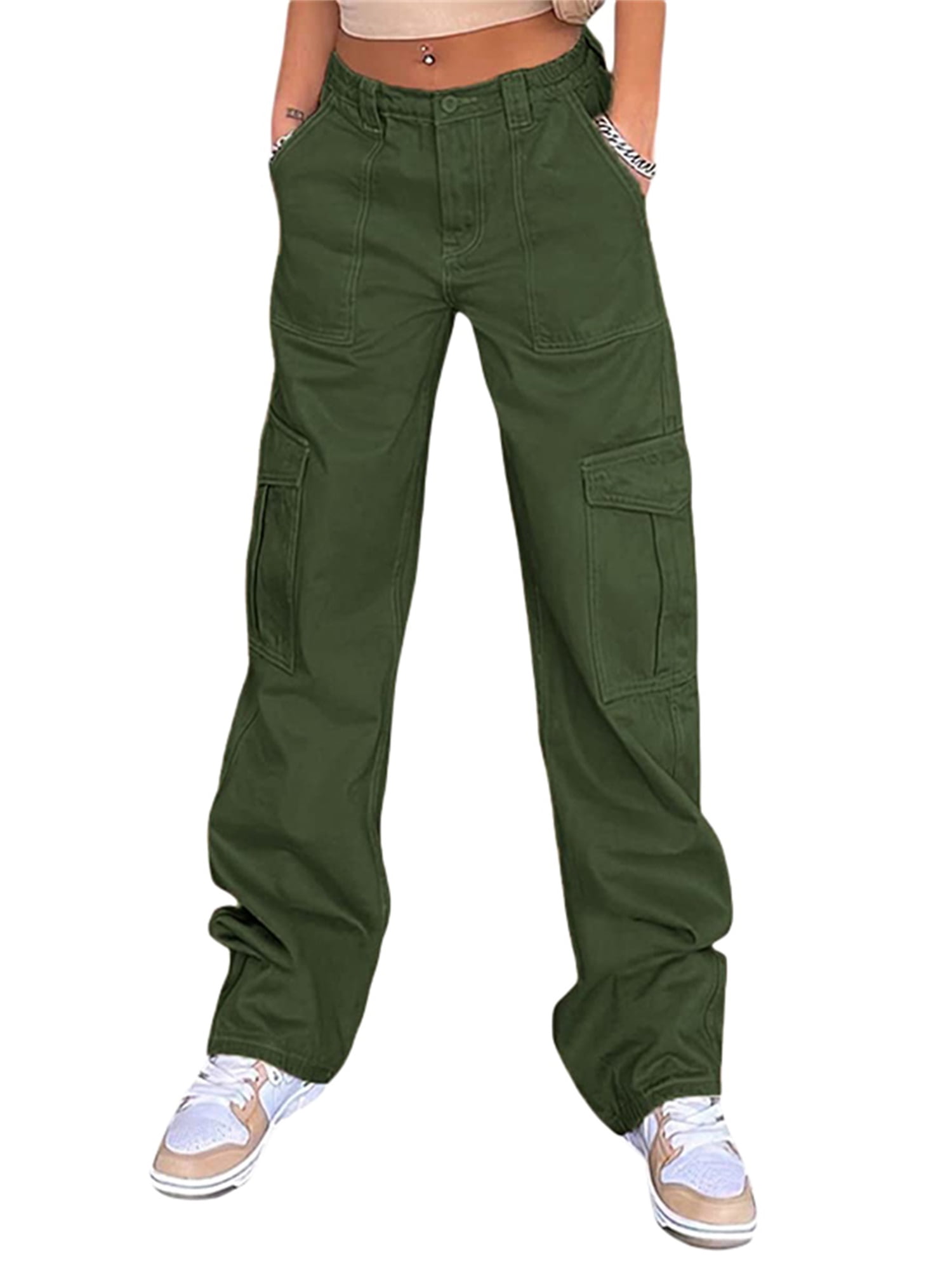 LDD-Women Solid Color Cargo Pants, High Waist Straight-leg Buckle