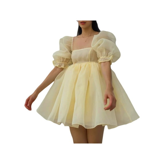 LSFYSZD Women Summer Puffy Dress, Solid Color Square Neck Bubble Sleeve One-Piece Short Dress for Ladies, Pink/Purple/Yellow