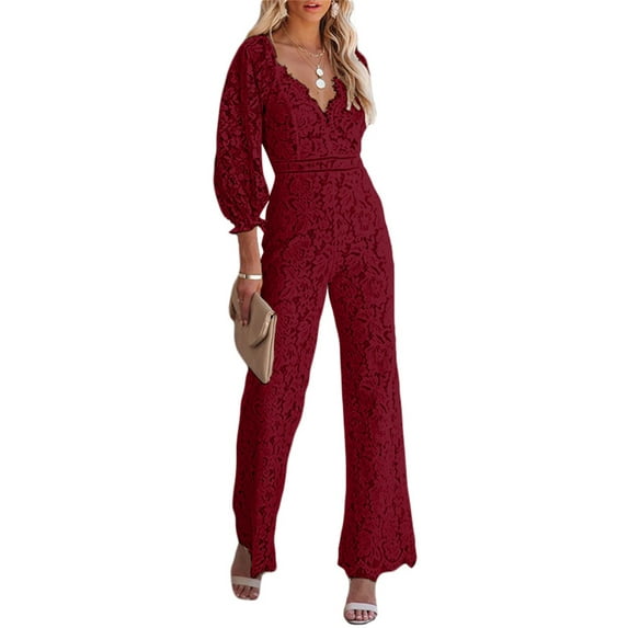 LSFYSZD Women Wide Leg Jumpsuit Solid Color Long Sleeve V Neck Floral Lace Romper Nightclub Wear Streetwear