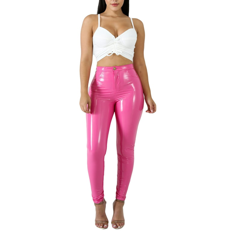 High Waist PU Leather Stacked Pencil Pink Leather Trousers Black, White,  Pink Slim Fit Clubwear Bottoms With Split Hem From Kong01, $18.23
