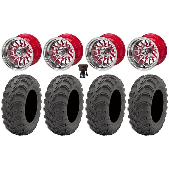 LSI 14-Spoke 10" Golf Wheels Red 24x11-10 Mud Lite AT Tires E-Z-GO & Club Car