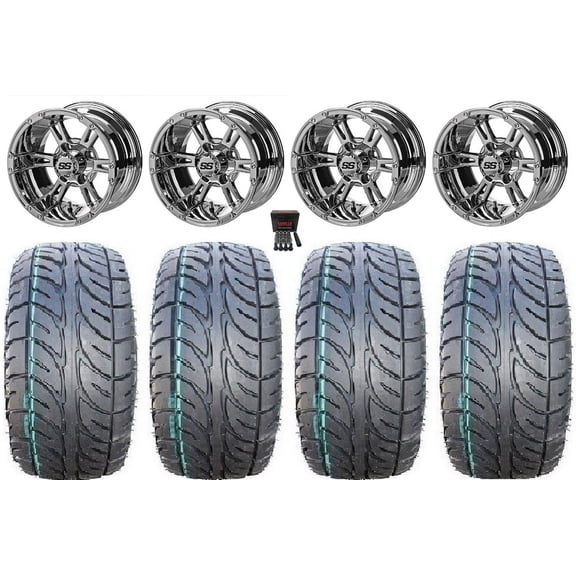 LSI Raptor 12" Golf Cart Wheels Mirror 205x30 Fusion Tires E-Z-GO & Club Car