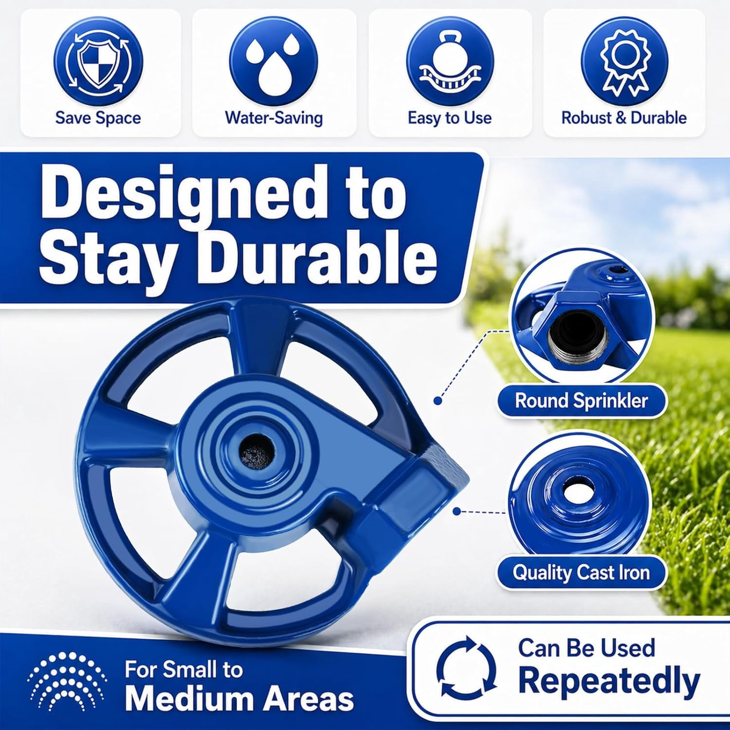 LSKJGA-1 Pack Cast Iron Lawn Sprinklers for Yard Heavy Duty Metal Garden Water Sprinkler American Threaded Joints for Lawn Garden Yard Irrigation System, Blue