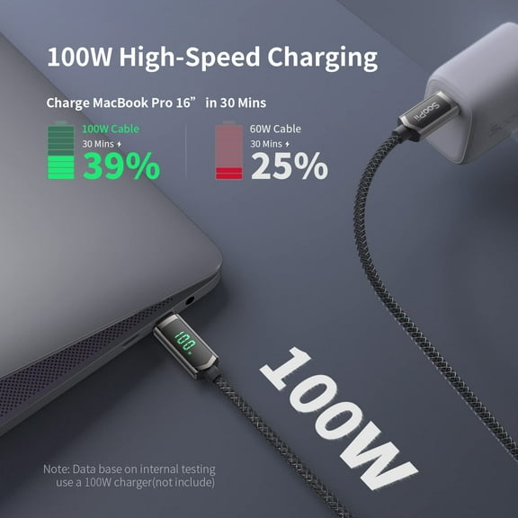 LSKJGA-10FT 100W PD Fast Charging USB C to USB C Cable, Nylon Braided Type-C Cable with LED Display for Phones, Tablets, Laptops