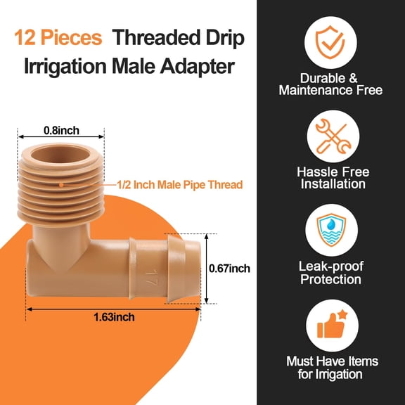 LSKJGA-12 Pieces 1/2 Inch PVC to 1/2 Inch Drip Irrigation Adapter Fittings, 1/2" Male Pipe Thread(MPT) x 1/2" Drip Line Barbed Elbow Connectors 1/2-in PVC to 1/2-in Poly Tubing Adapter