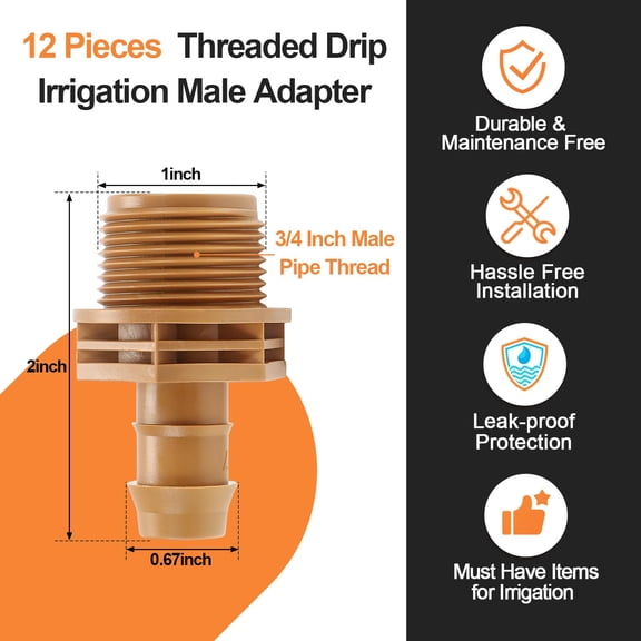 LSKJGA-12 Pieces 3/4 Inch PVC to 1/2 Inch Drip Irrigation Adapter Fittings, 3/4" Male Pipe Thread(MPT) x 1/2" Drip Line Barbed Coupling Connectors 3/4-in PVC to 1/2-in Poly Tubing Adapter