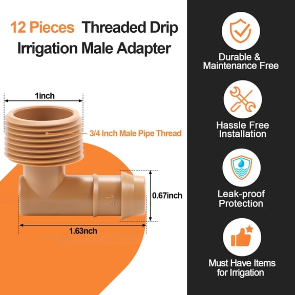 LSKJGA-12 Pieces 3/4 Inch PVC to 1/2 Inch Drip Irrigation Adapter Fittings, 3/4" Male Pipe Thread(MPT) x 1/2" Drip Line Barbed Elbow Connectors 3/4-in PVC to 1/2-in Poly Tubing Adapter