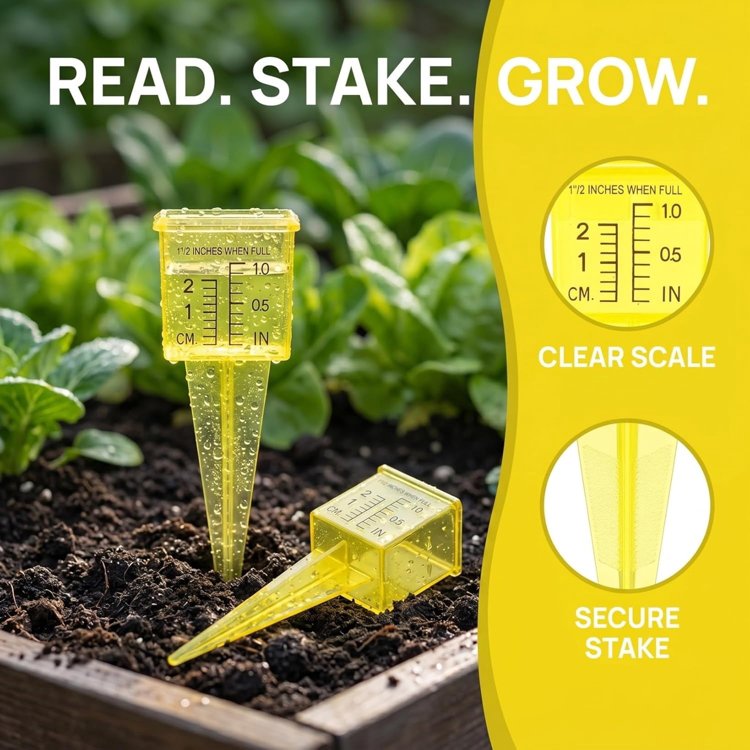 LSKJGA-2Pcs Rain Gauge Sprinkler Outdoor, 1.5 Inch Lawn Water Gauge, Measuring Tool for Accurate Rainfall Monitoring, Yellow Precision Measuring Cups for Garden Yard and Grass Watering