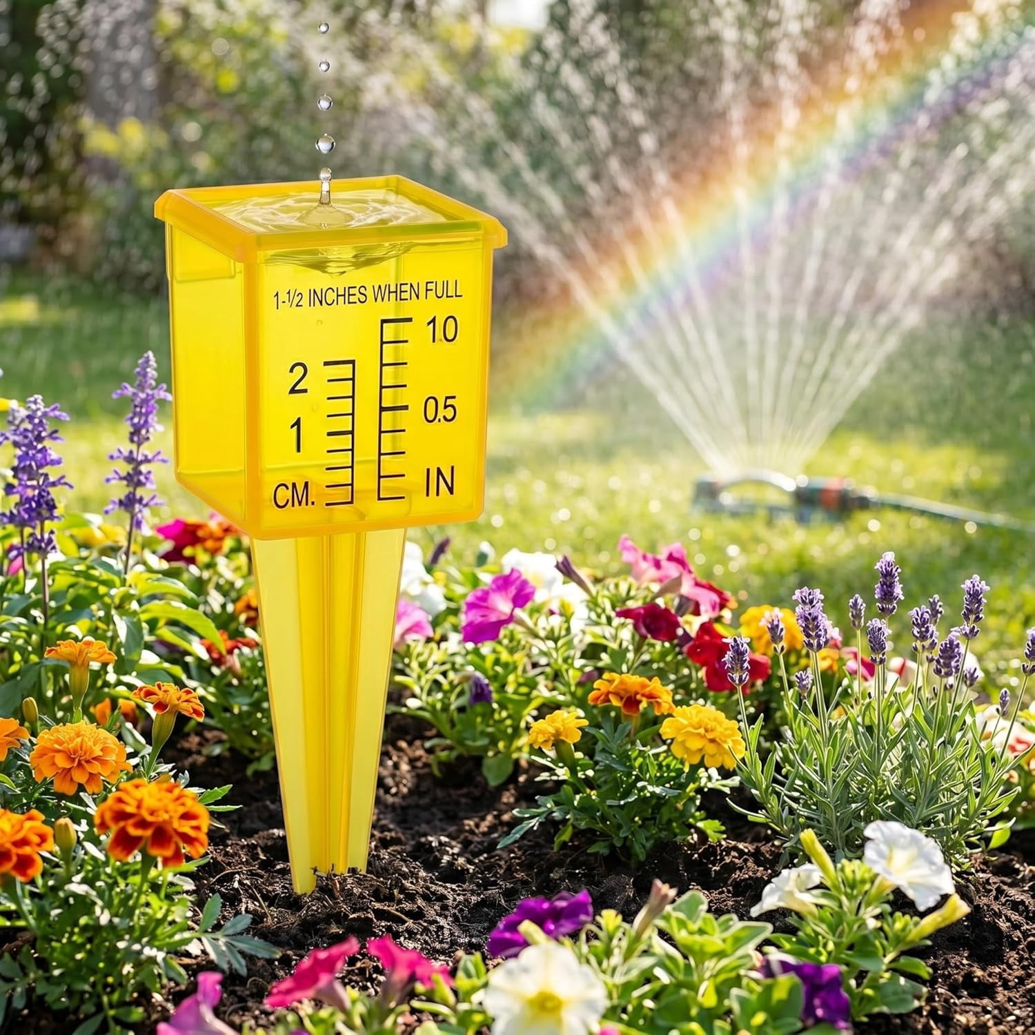 LSKJGA-4 Pack Rain Gauge Outdoor, 1.5" Plastic Water Gauge for Rain with Wide Mouth & Ground Stake, Sprinkler Measuring Cup Tool for Yard Lawn Garden Irrigation, High Visibility Yellow Weather Instru