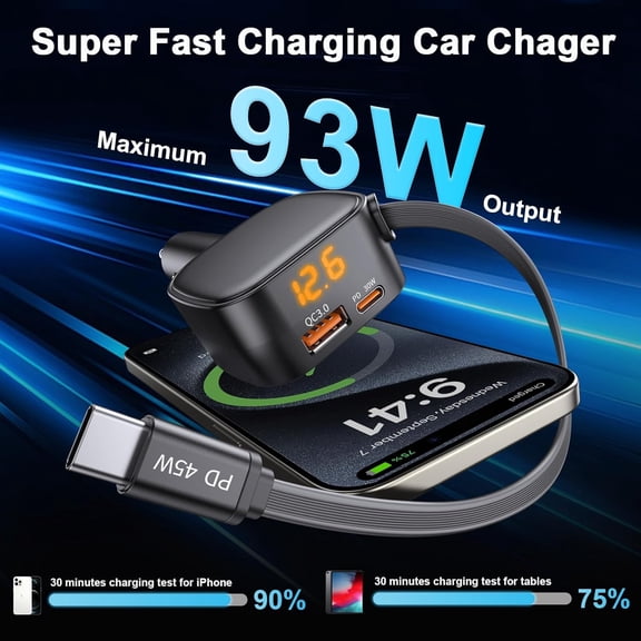 LSKJGA-93W Retractable Car Charger, USB C Car Charger Fast Charging with PD PPS & QC 3.0, Multi Port Cigarette Lighter Adapter with Voltmeter for iPhone 17 16 15 Pro Max, Samsung S26/S25,iPad/Pixel