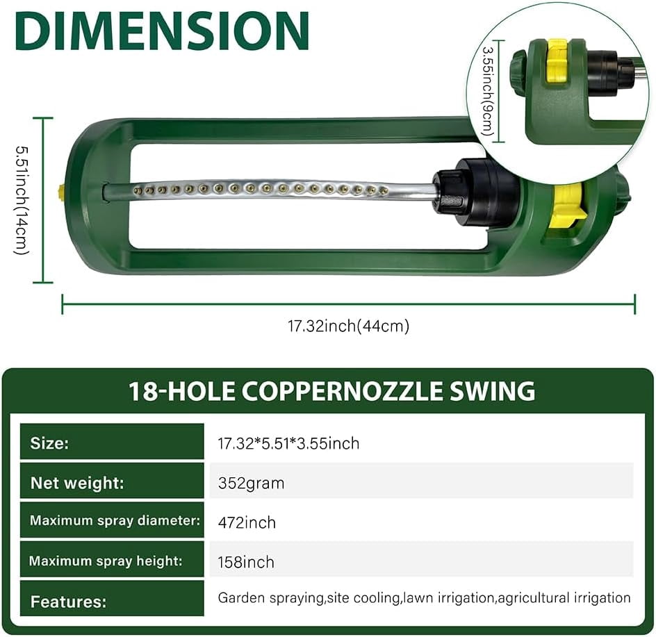 LSKJGA-Lawn Sprinkler, 18 Brass Nozzles Garden Water Oscillating Sprinkler for Yard Covers up to 3,600 sq.ft, Heavy Weight Base, Built-in Spray Jet Cleaning Needle, Green, Yellow