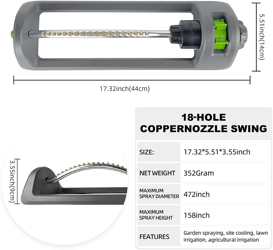 LSKJGA-Lawn Sprinkler, Oscillating Sprinkler for Yard with 18 Hole Brass Nozzles, Watering for Lawn & Garden Covers up to 3,600 sq.ft, Easy Adjust Range Control, Built-in Spray Jet Cleaning Needle (G