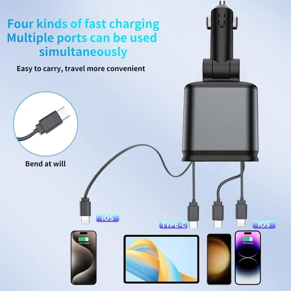 LSKJGA-Starlight Retractable Car Charger Adapter for iPhone 17,4 in 1 Fast Charging Car Phone Charger,69W USB C Car Truck Accessories,Road Trip Essentials Gift for Men Women for iPhone 17/16/15/14/13