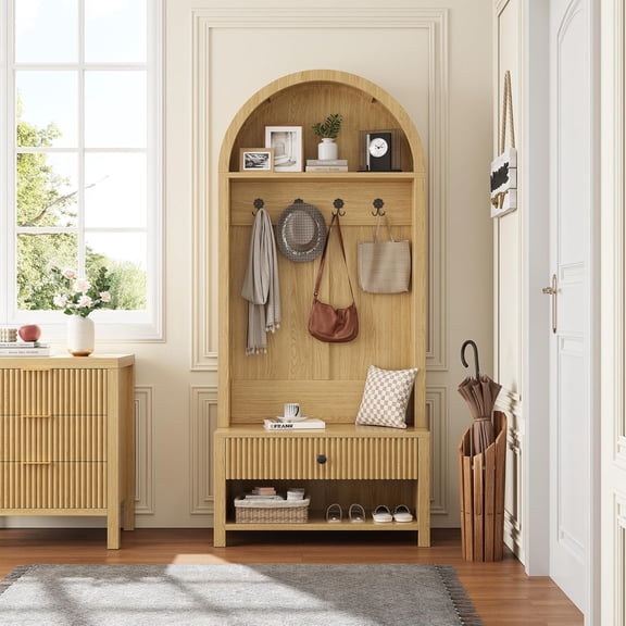 LSKTGA 70.86-inch Entryway Hall Tree, Farmhouse-Style Wooden Coat Rack Freestanding, Entryway Organizer with Four Hooks, Standing Shoe Rack With for Hallways, Foyers, and Living Rooms, Natural