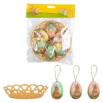 LSLJS 6 Pcs Easter Eggs Hanging Ornaments, Easter Decorations 2.36 inch Colorful Rabbit Pattern Plastic Easter Eggs with Basket, Easter Basket Stuffer Floral Eggs with Rope Scene Layout for Party