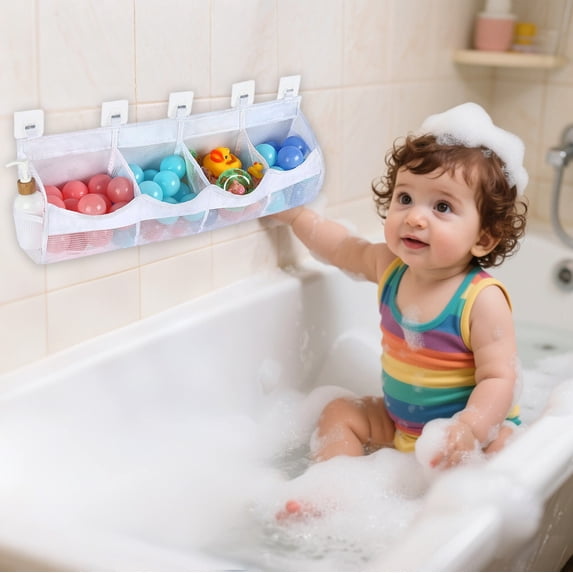 LSLJS Bath Toy Storage, 4 Compartment Bath Toy Holder for tubs with Large Openings, Bath Toy Holder, Large Capacity & Quick-Drying Mesh Bath Toy Organizer for Easy Access Sorting of Toys