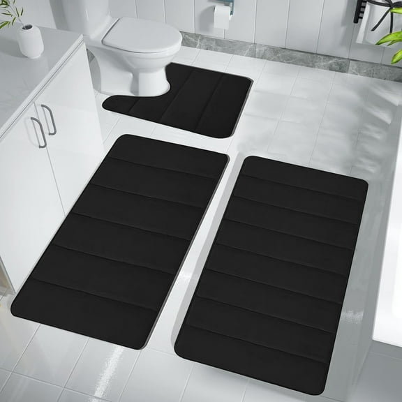 LSLJS Bathroom Rugs Set of 3, Soft Memory Foam Bath Mat Set - Non Slip Absorbent Thick Bath Mat, Rubber Back Shower Rug Toilet Mats Bath Mats for Bathroom Floor Toilet Door Mat Machine Washable Black