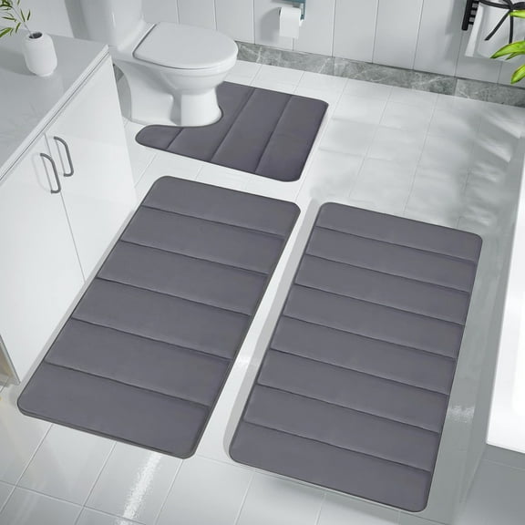 LSLJS Bathroom Rugs Set of 3, Soft Memory Foam Bath Mat Set - Non Slip Absorbent Thick Bath Mat, Rubber Back Shower Rug Toilet Mats Bath Mats for Bathroom Floor Toilet Door Mat Machine Washable Dark