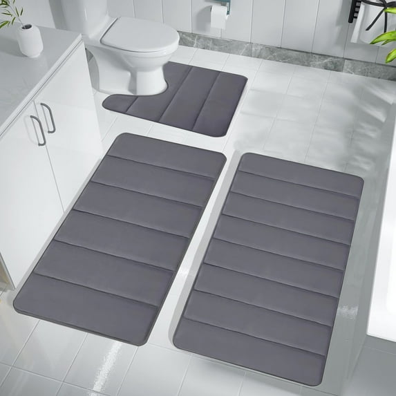 LSLJS Bathroom Rugs Set of 3, Soft Memory Foam Bath Mat Set - Non Slip Absorbent Thick Bath Mat, Rubber Back Shower Rug Toilet Mats Bath Mats for Bathroom Floor Toilet Door Mat Machine Washable Dark