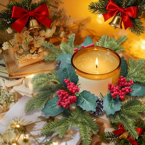 LSLJS Candle Rings-Berry Pinecones Wreaths Christmas Candle Rings Artificial Norfolk Pine Christmas Decorations for Wedding Home Table Centerpiece