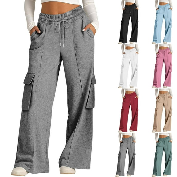 LSLJS Cargo Pants Women Wide Leg Drawstring Waisted Outdoor Joggers Casual Solid Color Athletic Work Pants with Muilt Pockets, S-2XL