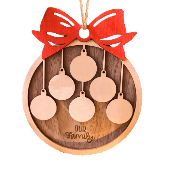 LSLJS Christmas Customize Names Pendant,Christmas Tree Hanging Ornaments,3.9 inch Wooden Flat Christmas Ball Shape Design with 6 Name Place, Xmas Family Pendant Advent Christmas Decorations