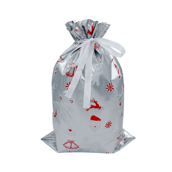 LSLJS Christmas Drawstring Candy Bag - 11.4"x17" Merry Christmas Floral Snowflake Plastic Drawstring Bags Goodies Snack Cookies Wrapping Bags Christmas Gifts Bags for Wedding Xmas Party Supplies