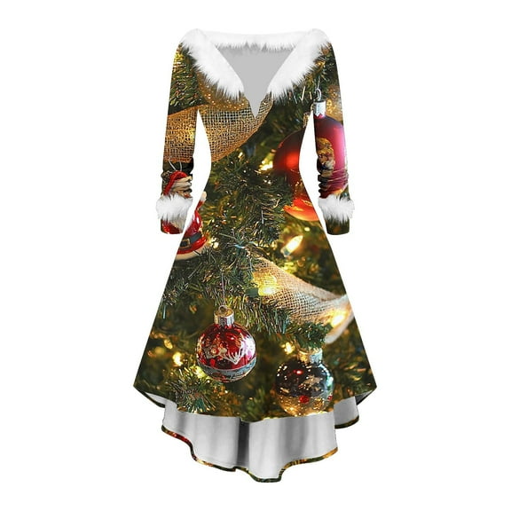 LSLJS Christmas Dresses for Women Plus Size Fuzzy V Neck Long Sleeve Dresses Fashion Christmas Printed Casual Dresses, S-3XL